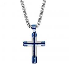 Stainless Steel Chain With Blue Cross Pendant